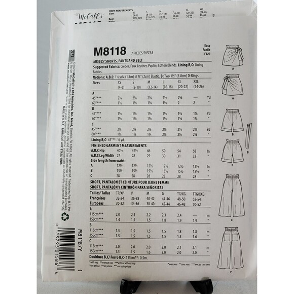 New Misses Shorts, Pants, Belt Sequoia McCall's Sewing Pattern M8118, XS, S, M - Picture 3 of 5